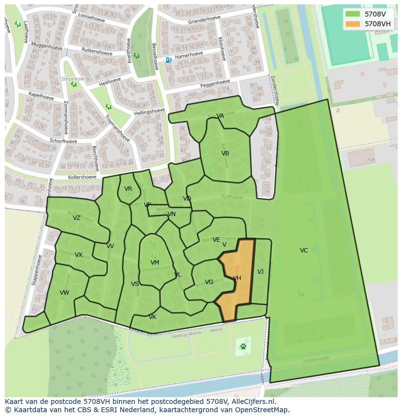 Afbeelding van het postcodegebied 5708 VH op de kaart.