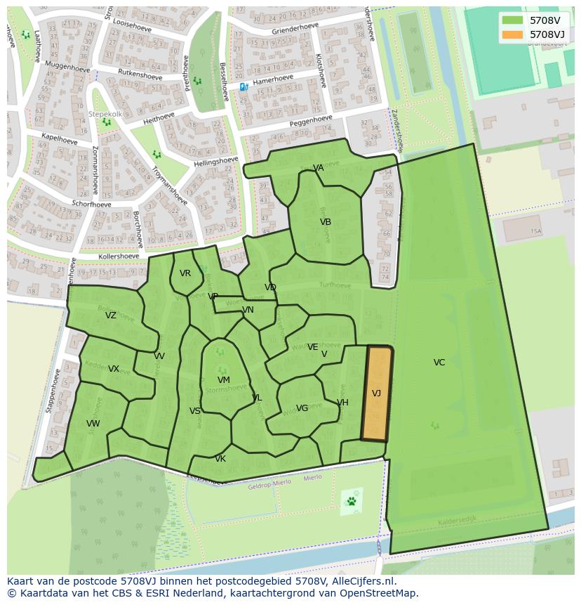 Afbeelding van het postcodegebied 5708 VJ op de kaart.
