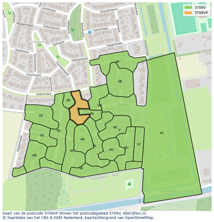 Afbeelding van het postcodegebied 5708 VP op de kaart.
