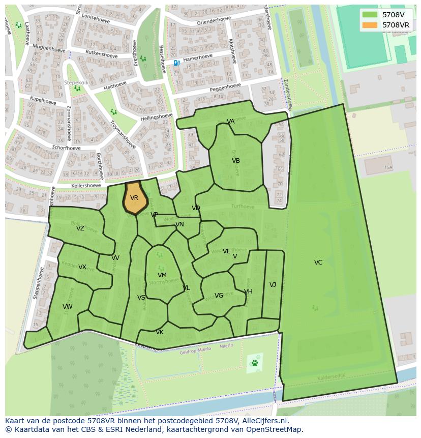 Afbeelding van het postcodegebied 5708 VR op de kaart.