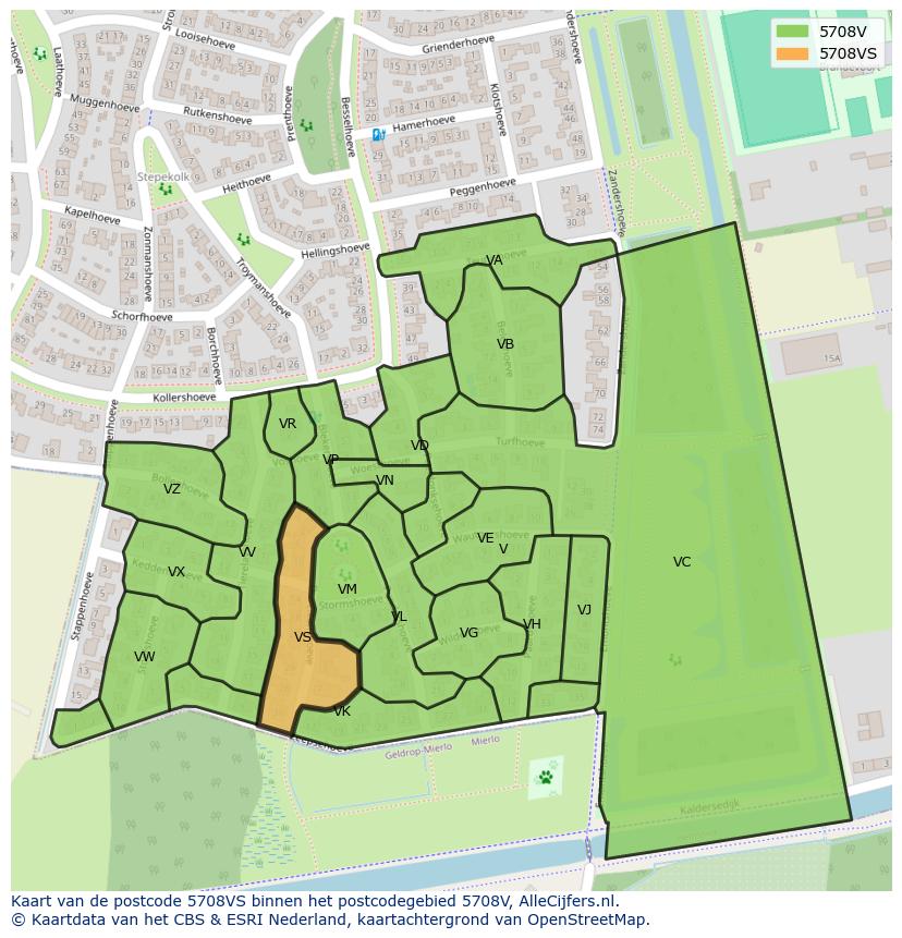 Afbeelding van het postcodegebied 5708 VS op de kaart.