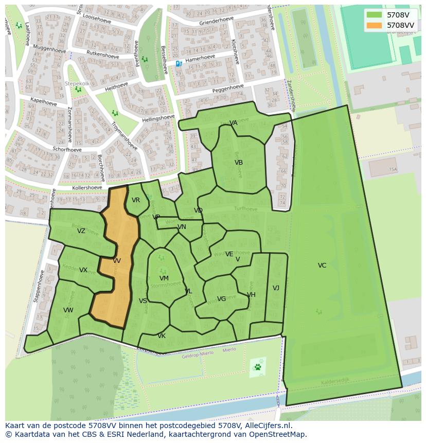 Afbeelding van het postcodegebied 5708 VV op de kaart.