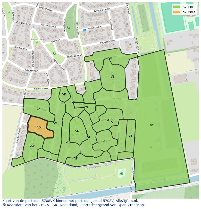 Afbeelding van het postcodegebied 5708 VX op de kaart.