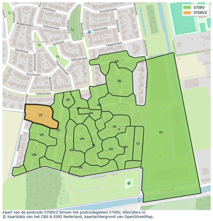 Afbeelding van het postcodegebied 5708 VZ op de kaart.
