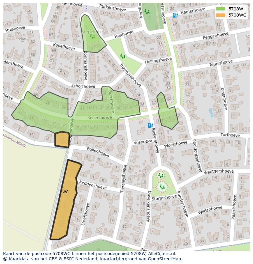 Afbeelding van het postcodegebied 5708 WC op de kaart.