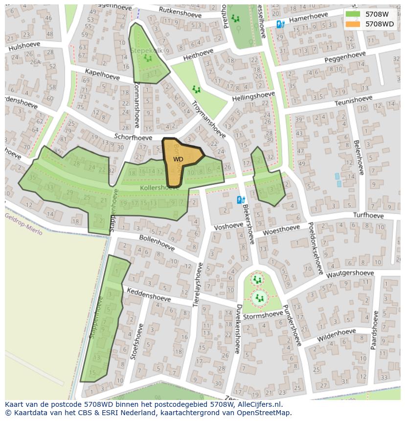 Afbeelding van het postcodegebied 5708 WD op de kaart.