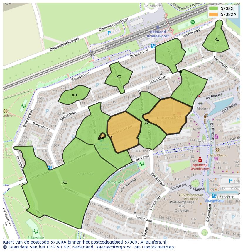 Afbeelding van het postcodegebied 5708 XA op de kaart.