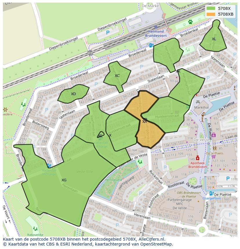 Afbeelding van het postcodegebied 5708 XB op de kaart.