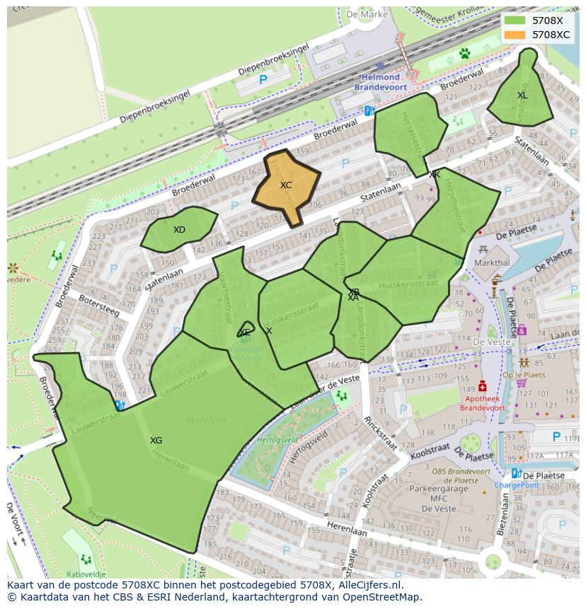 Afbeelding van het postcodegebied 5708 XC op de kaart.
