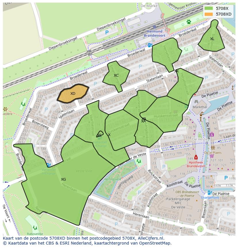 Afbeelding van het postcodegebied 5708 XD op de kaart.