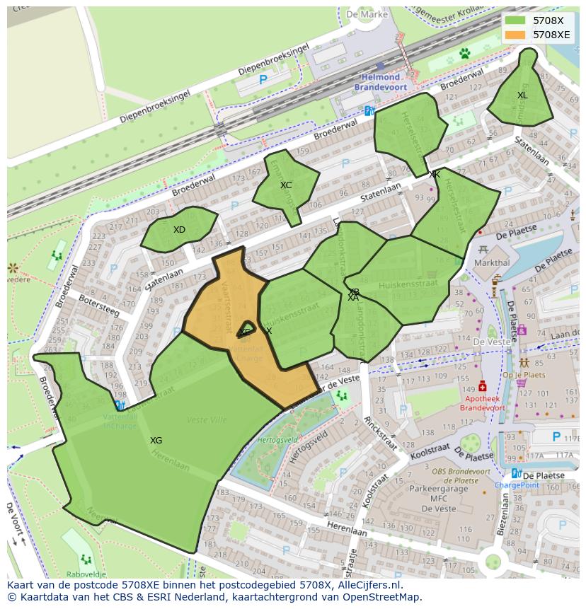 Afbeelding van het postcodegebied 5708 XE op de kaart.