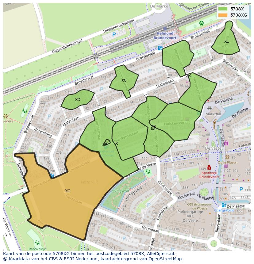 Afbeelding van het postcodegebied 5708 XG op de kaart.
