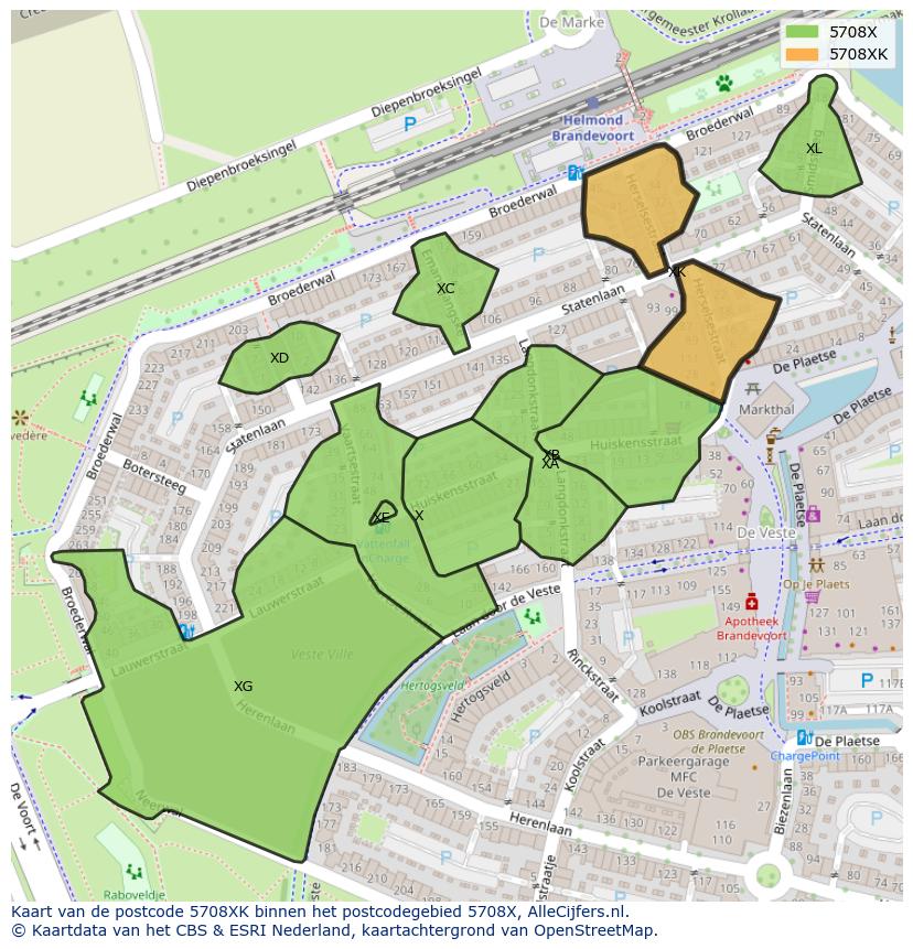 Afbeelding van het postcodegebied 5708 XK op de kaart.