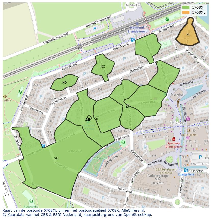 Afbeelding van het postcodegebied 5708 XL op de kaart.