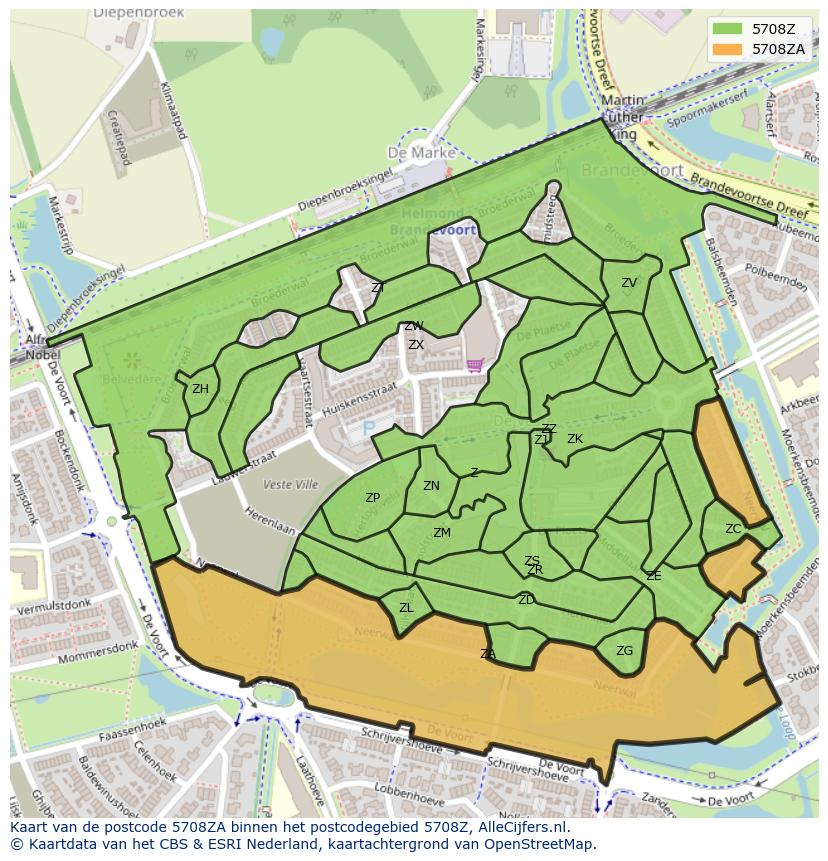 Afbeelding van het postcodegebied 5708 ZA op de kaart.