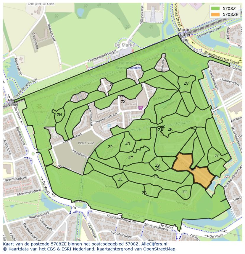 Afbeelding van het postcodegebied 5708 ZE op de kaart.