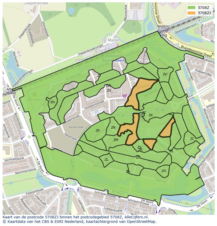 Afbeelding van het postcodegebied 5708 ZJ op de kaart.