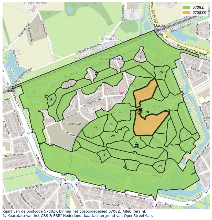 Afbeelding van het postcodegebied 5708 ZK op de kaart.