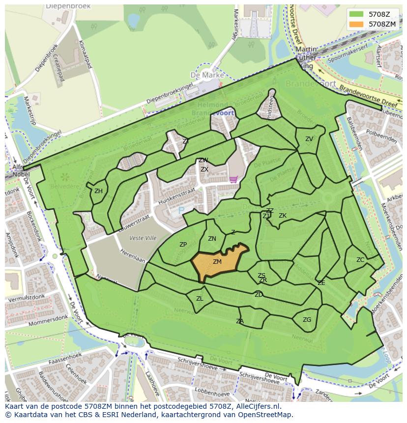 Afbeelding van het postcodegebied 5708 ZM op de kaart.