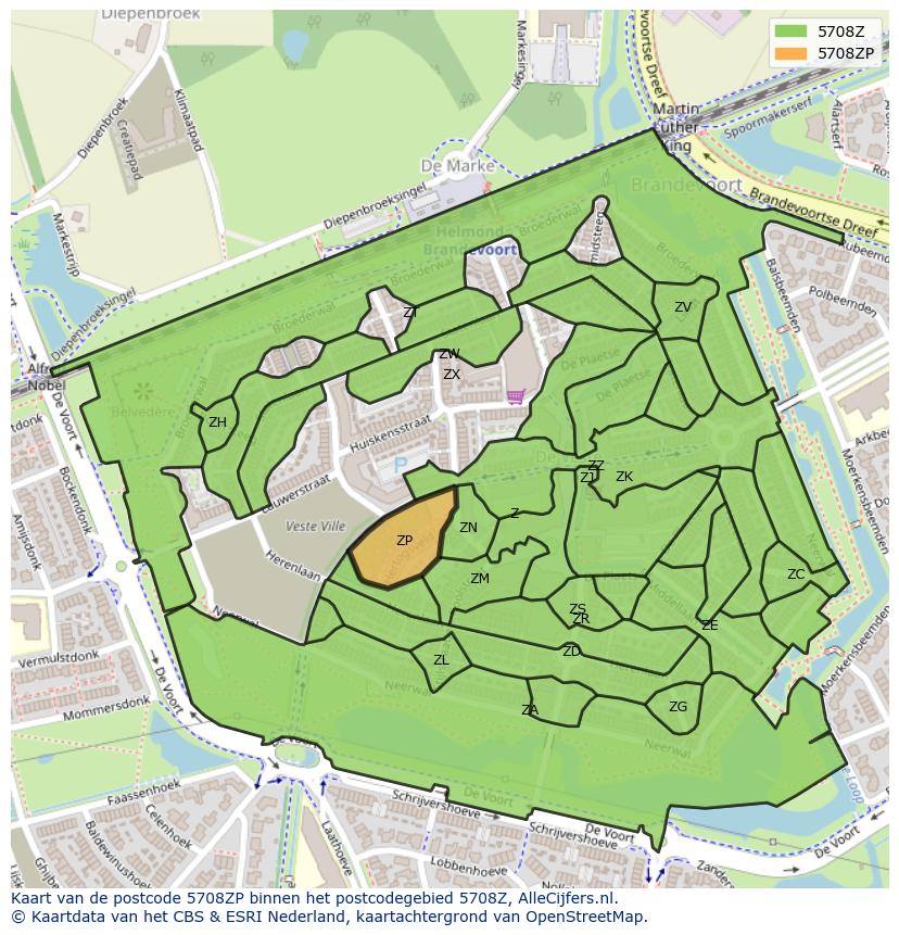 Afbeelding van het postcodegebied 5708 ZP op de kaart.