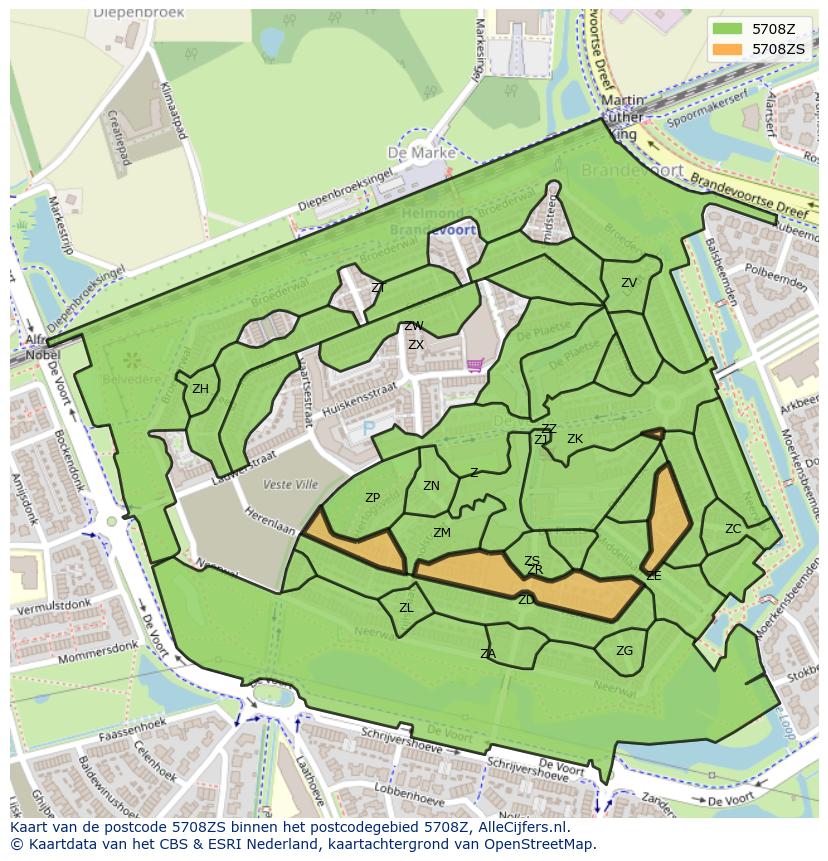 Afbeelding van het postcodegebied 5708 ZS op de kaart.