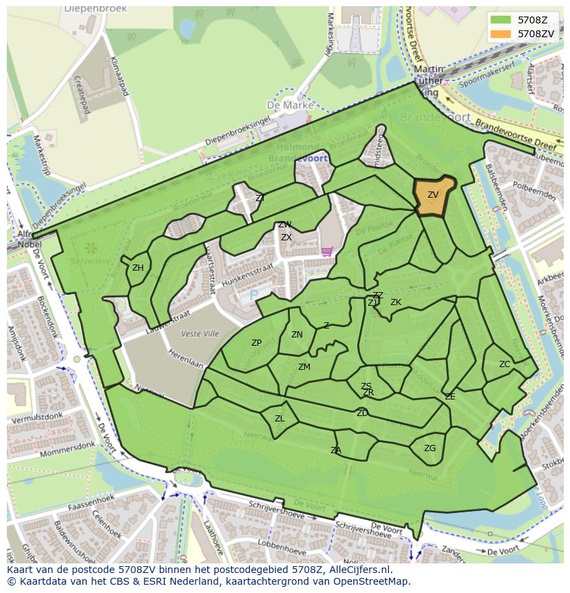 Afbeelding van het postcodegebied 5708 ZV op de kaart.