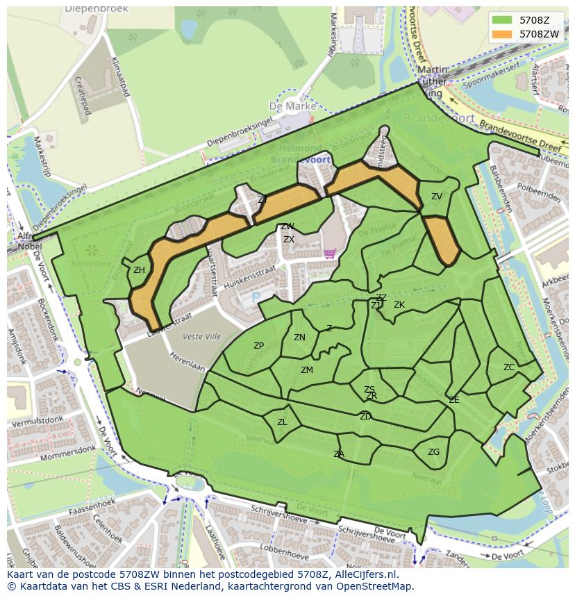 Afbeelding van het postcodegebied 5708 ZW op de kaart.