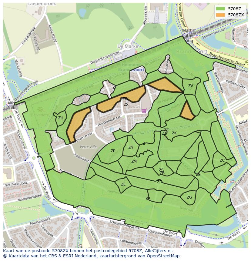 Afbeelding van het postcodegebied 5708 ZX op de kaart.