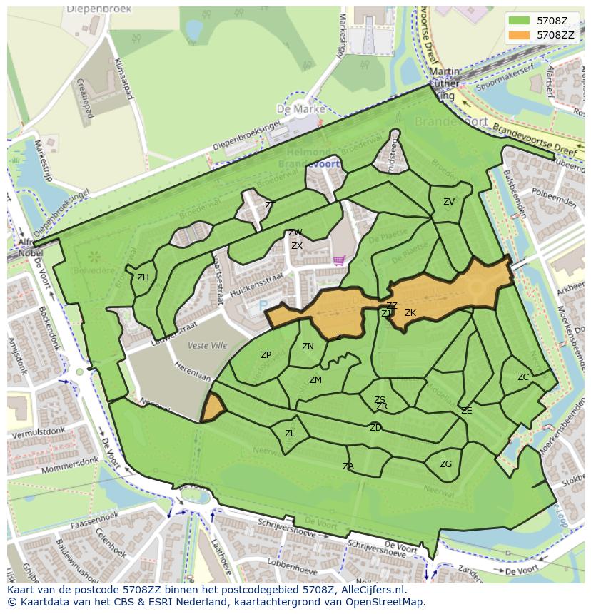 Afbeelding van het postcodegebied 5708 ZZ op de kaart.