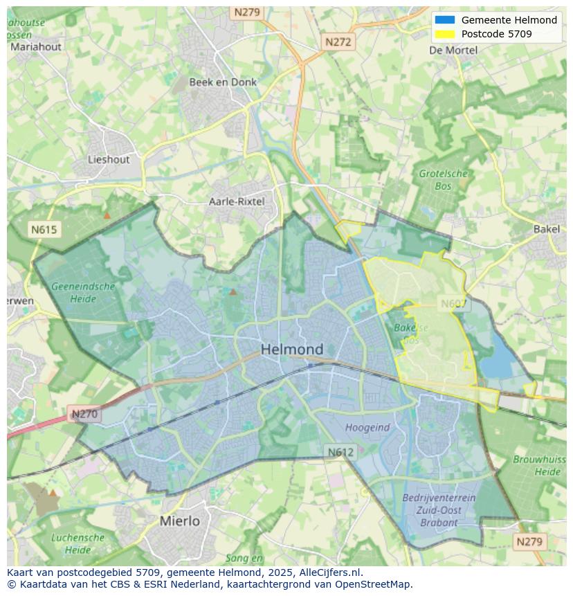 Afbeelding van het postcodegebied 5709 op de kaart.
