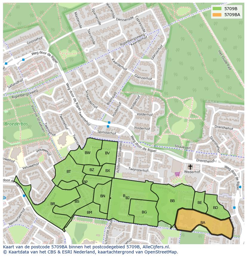 Afbeelding van het postcodegebied 5709 BA op de kaart.