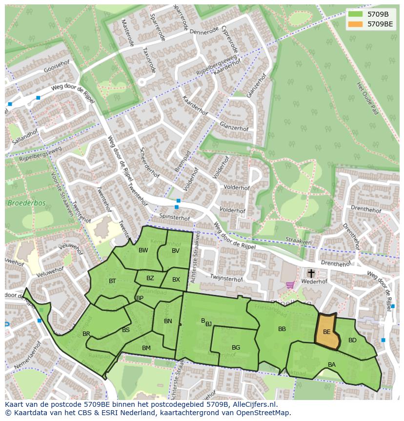 Afbeelding van het postcodegebied 5709 BE op de kaart.
