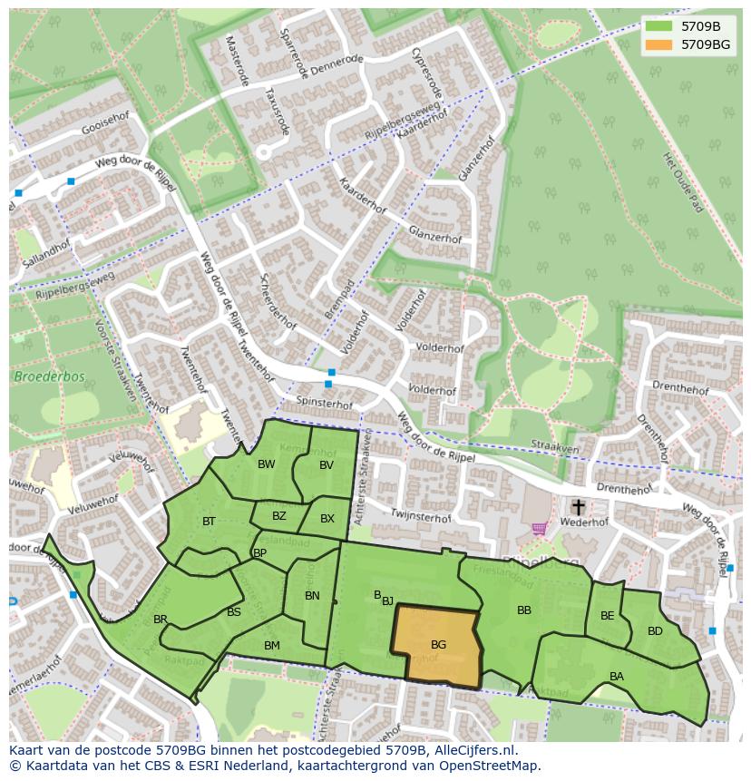 Afbeelding van het postcodegebied 5709 BG op de kaart.