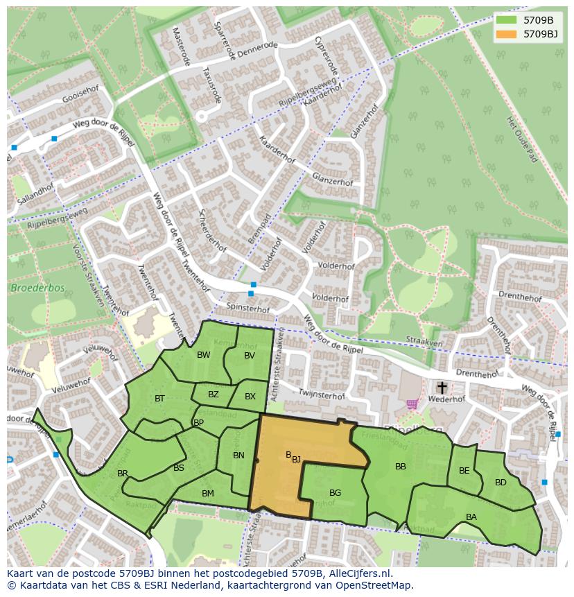 Afbeelding van het postcodegebied 5709 BJ op de kaart.