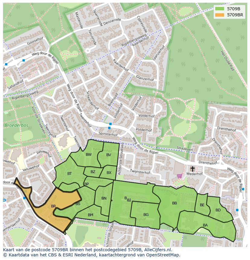 Afbeelding van het postcodegebied 5709 BR op de kaart.