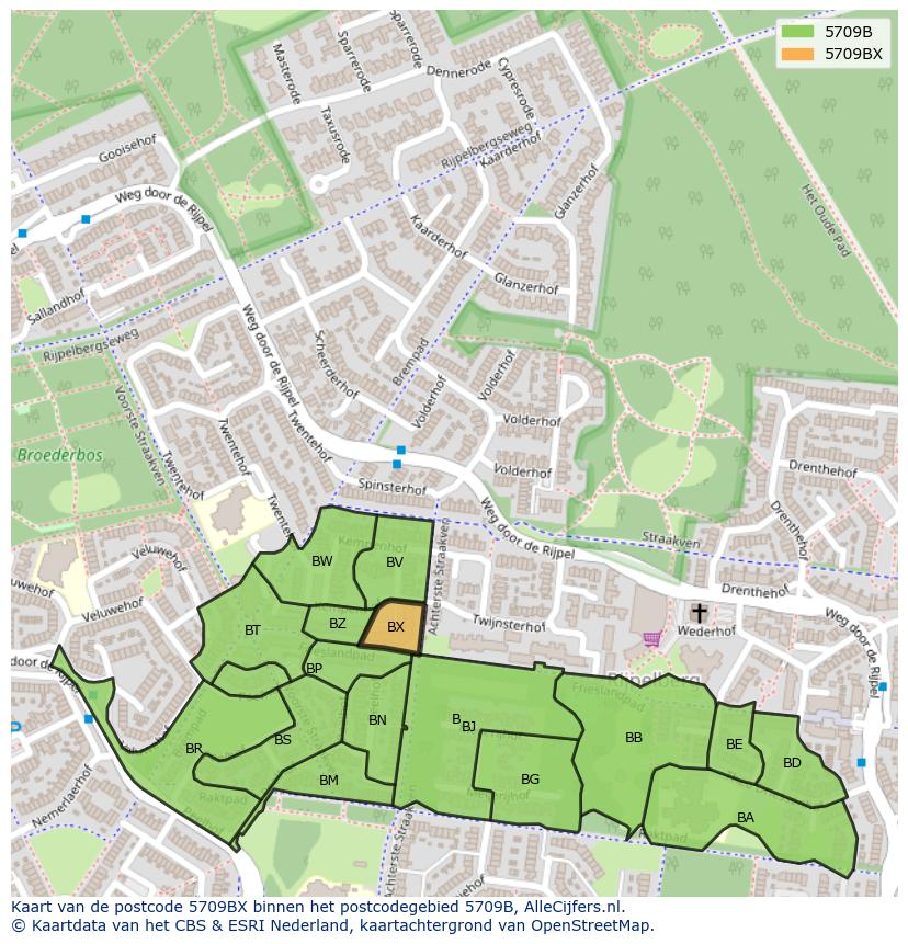 Afbeelding van het postcodegebied 5709 BX op de kaart.