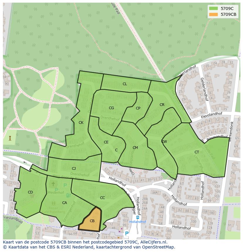 Afbeelding van het postcodegebied 5709 CB op de kaart.