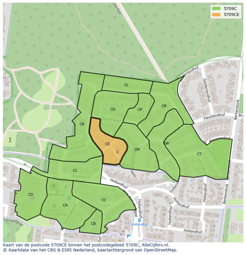 Afbeelding van het postcodegebied 5709 CE op de kaart.