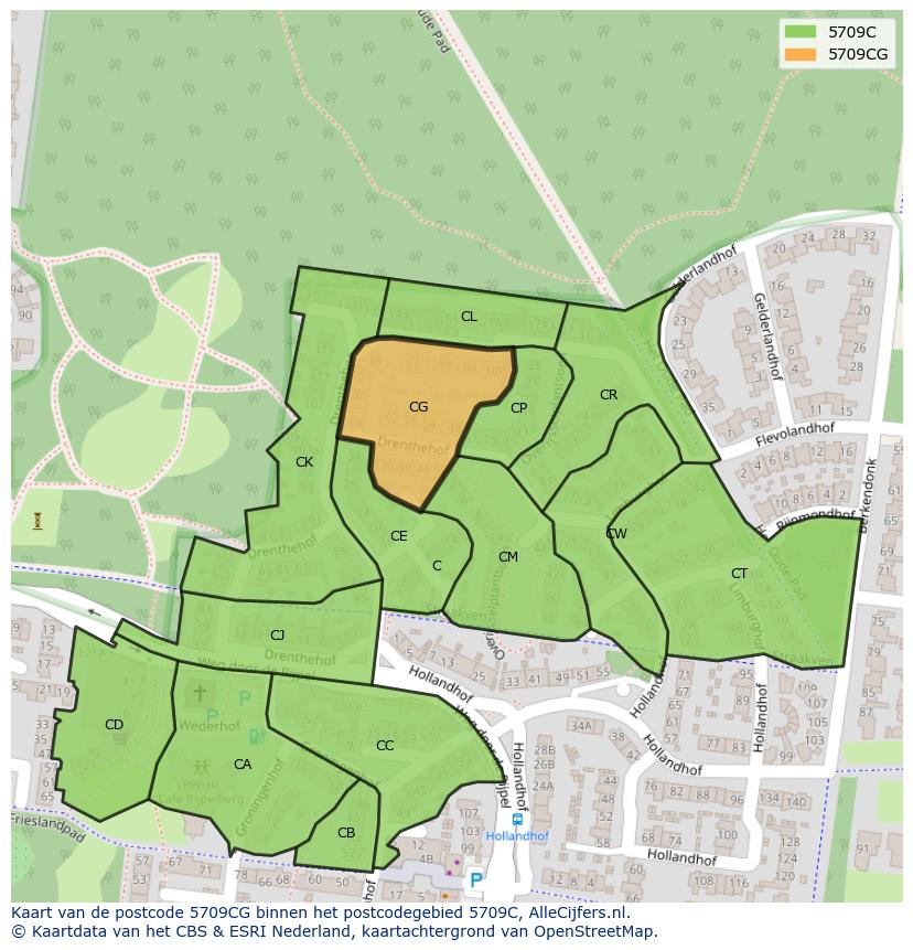 Afbeelding van het postcodegebied 5709 CG op de kaart.
