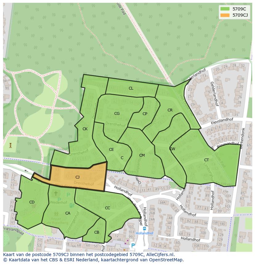 Afbeelding van het postcodegebied 5709 CJ op de kaart.