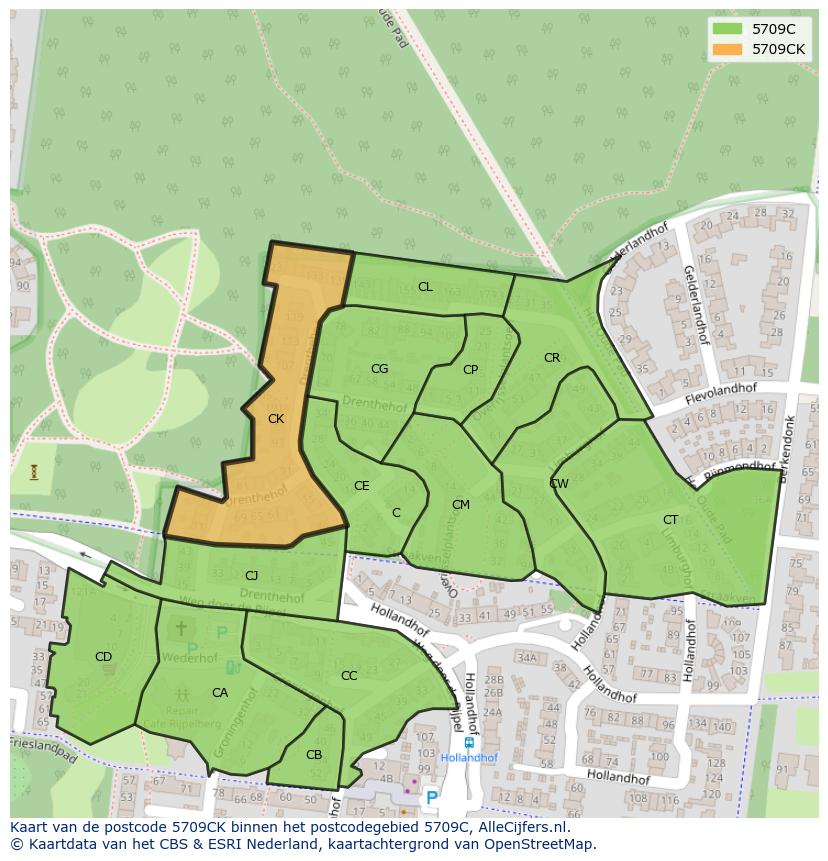 Afbeelding van het postcodegebied 5709 CK op de kaart.