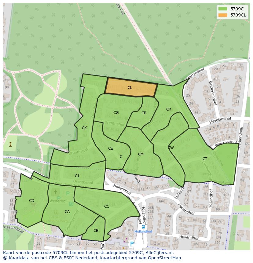 Afbeelding van het postcodegebied 5709 CL op de kaart.