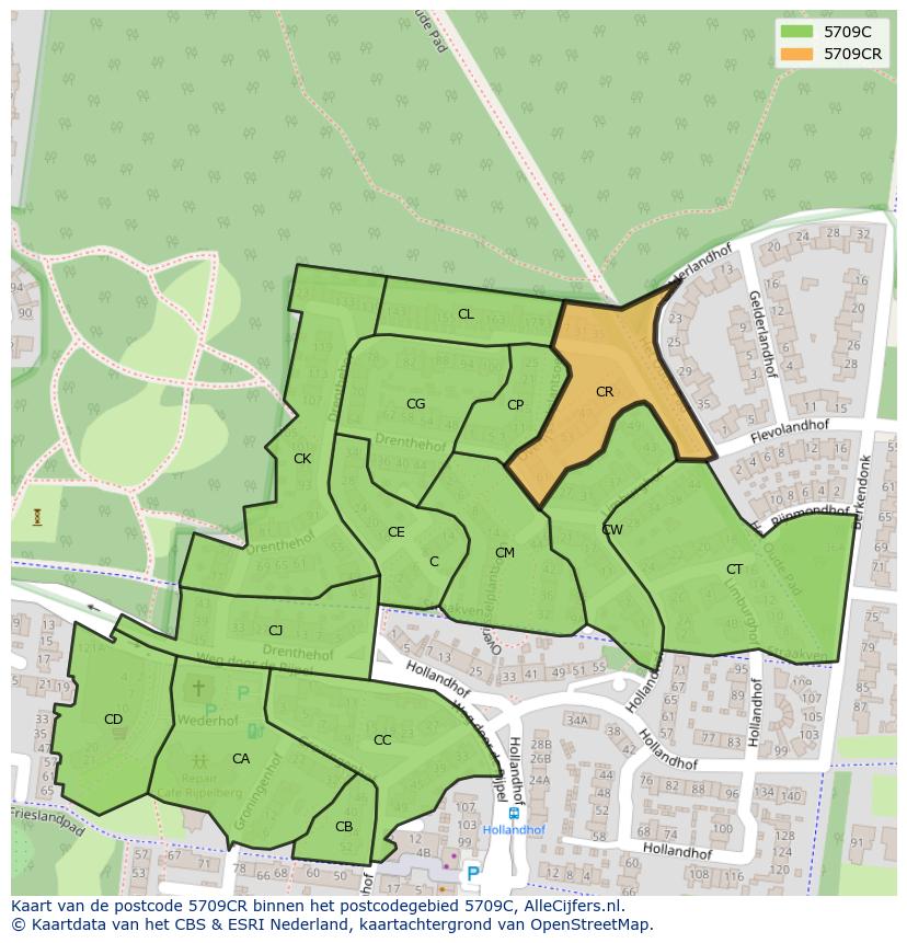 Afbeelding van het postcodegebied 5709 CR op de kaart.