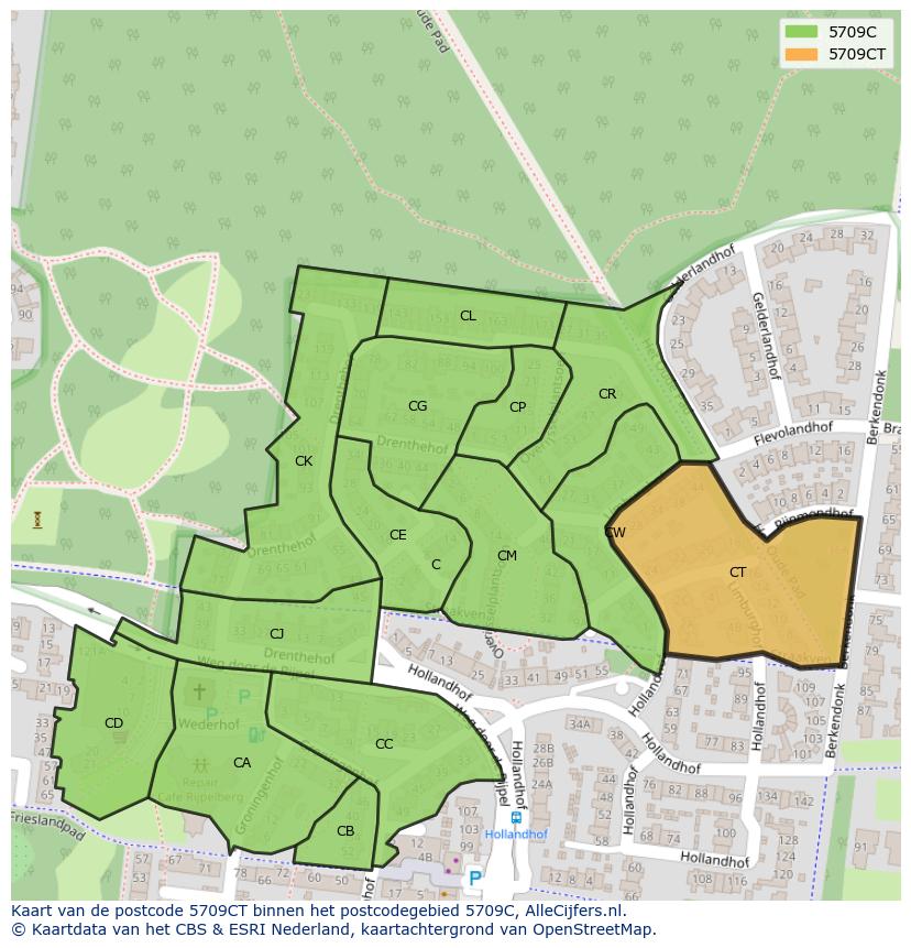 Afbeelding van het postcodegebied 5709 CT op de kaart.