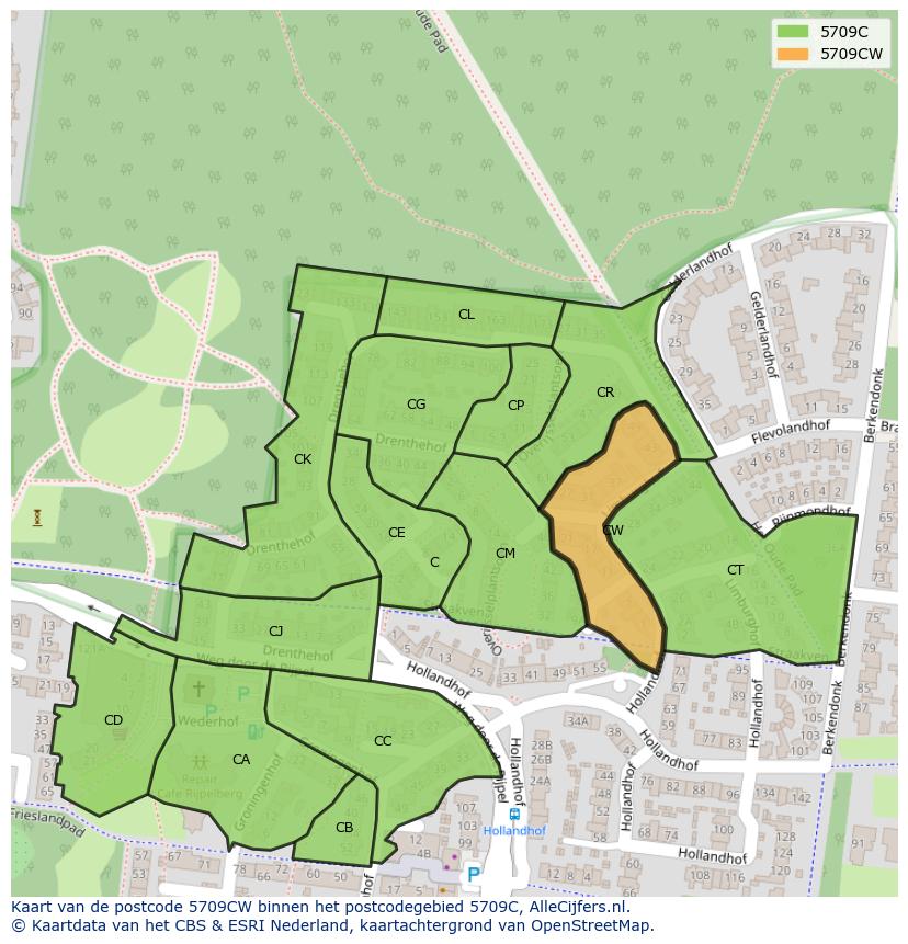 Afbeelding van het postcodegebied 5709 CW op de kaart.