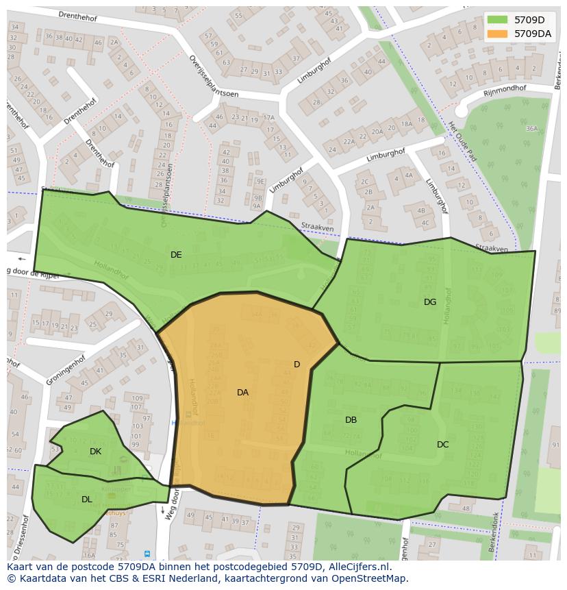 Afbeelding van het postcodegebied 5709 DA op de kaart.