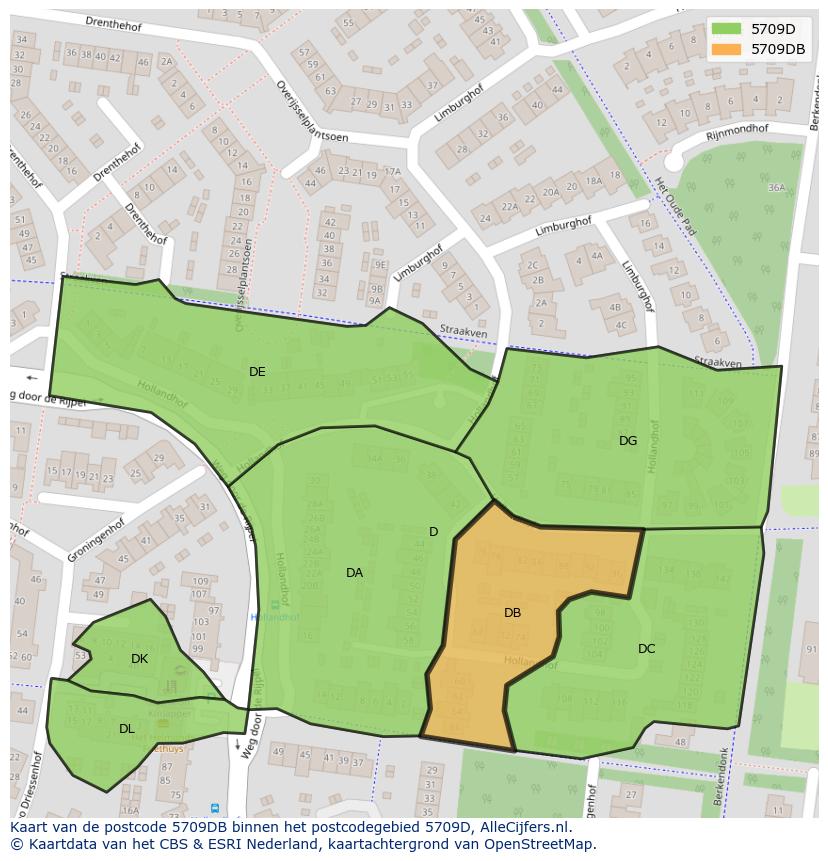 Afbeelding van het postcodegebied 5709 DB op de kaart.