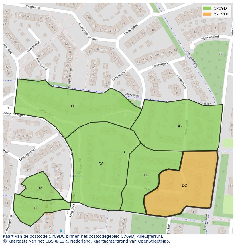 Afbeelding van het postcodegebied 5709 DC op de kaart.