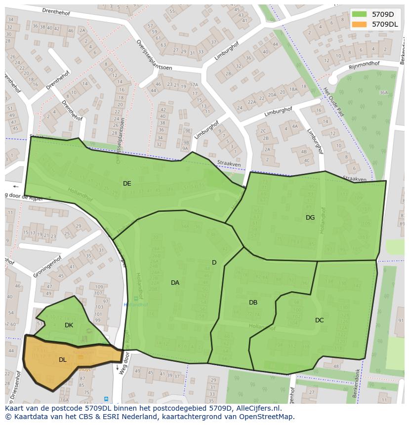 Afbeelding van het postcodegebied 5709 DL op de kaart.