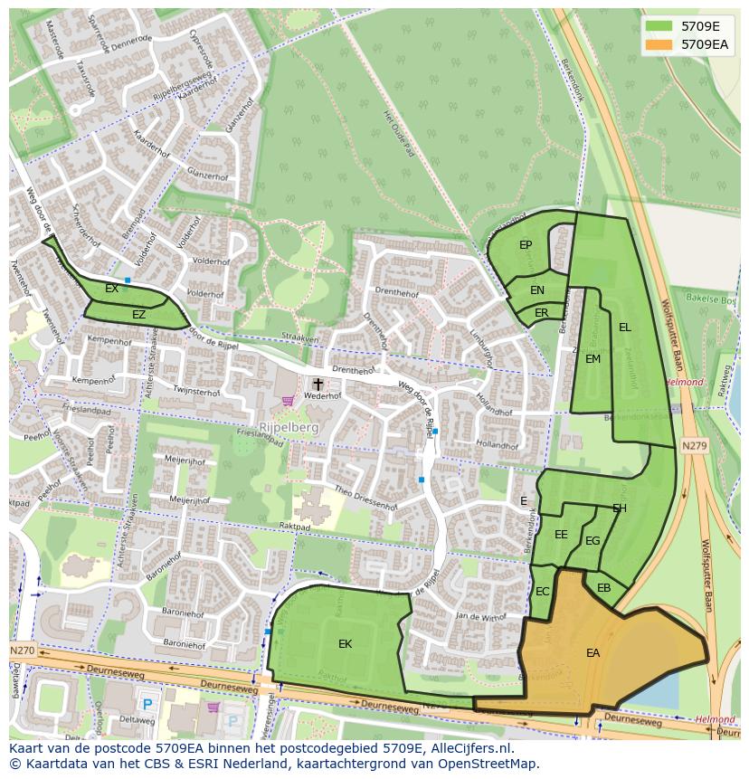Afbeelding van het postcodegebied 5709 EA op de kaart.